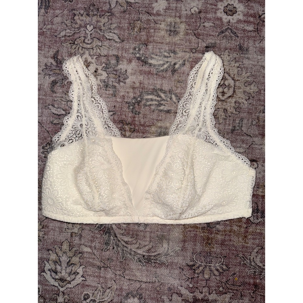Aerie Women White Floral Lace Bralette Plunge Mesh Inset Hook Eye Closure Large